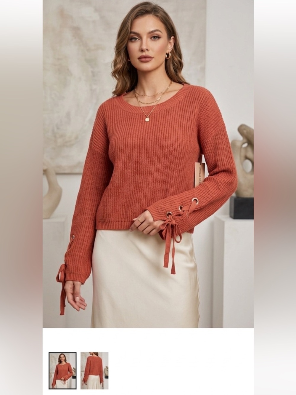 Moon & Madison Lace-Up Sleeve Knit Sweater - Size Large